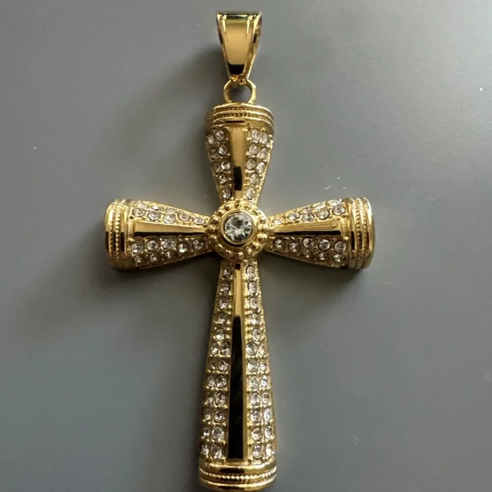 Cross Pendant Cubic Zirconia 24” Chain Gold Tone Stainless Steel Gift Jesus